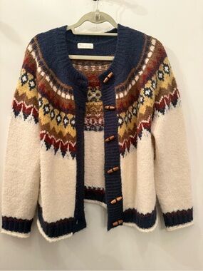 Fair Isle Cream & Navy Toggle Cardigan Sweater